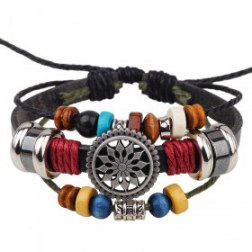 Colorful Wooden Beads PU Leather Bracelet With Alloy Wheel