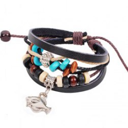 Oceanic Multilayer Beads Rope Braided Adjustable PU Leather Bracelet With Silver Pendant