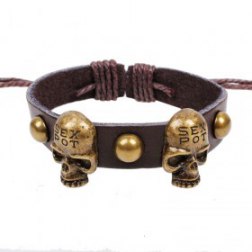 Retro Sex Pot Skulls Handmade Rivets Leather Bracelet