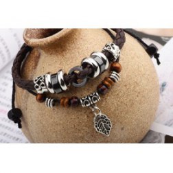 Retro Beads Rope PU Leather Bracelet With Alloy Leaf Pendant