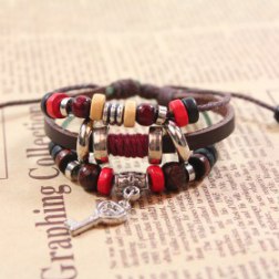 Brown Multi-strand Beads Leather Bracelet With Key Pendant