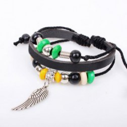 Black Multi-strand Beads Leather Bracelet With Wing Pendant