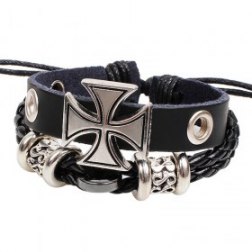 Black Dual Strand Alloy Cross Braided Leather Bracelet