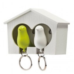 Birdhouse with 2 whistle Sparrow Key Ring Holder