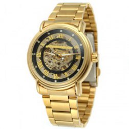 Men's Skeleton Military Self-Wind Automatic Mechanical Stainless Steel Wrist Watches-Gold