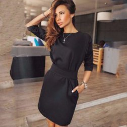 Sexy Solid Black Color Mini Sheath Short Sleeve O-neck Dress With Two Side Pocket