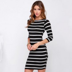Sexy Women Round Neck Shealth Style Black and White Striped Long Sleeve Straight Casual Dress