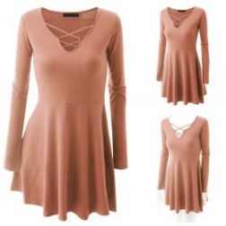 Plus size women Casual Fit Crisscross Long Sleeve Flare Tunic Dress