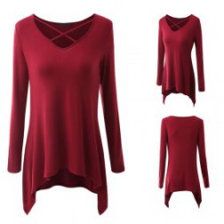 Plus size women Crisscross Neck Long Sleeves Loose Tunic