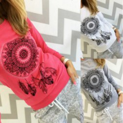 Plus size long sleeve feather geometric graphics printed t-shirts