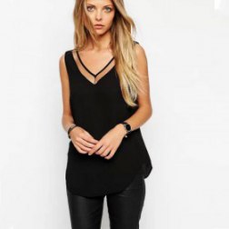 Plus size pure color v-neck gauze splicing vest T-shirt