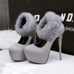 Leather Horse Hair Round Head High Heels