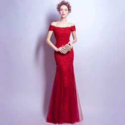 New Fashion Wine Red Lace Mermaid Evening Dresses