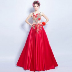 Red Sleeves Peony Flower Lace Backless Long Evening Dress