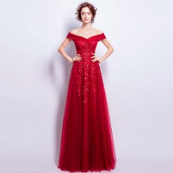 New Red Beading Lace Floor Length Sexy Off the Shoulder Lace Up Back Party Gowns