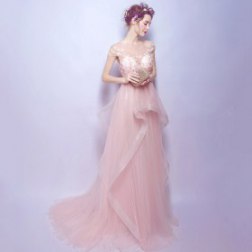 Pink Crystal Beads Flowers Long Evening Dress