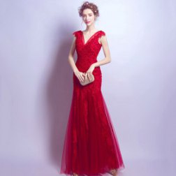 Hot Sale Elegant Princess Red Flashing Slim V Neck Evening Dress