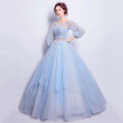 Blue Lace Flower Princess Evening Dress