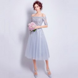 New Fashion Embroidery Crystal Boat Neck Lace Party Dress