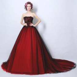 Luxury Lace Burgundy Strapless Sleeveless Long Tail Prom Dress