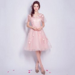 New Arrival Pink Flowers Pearls V-neck Lace Evening Gowns