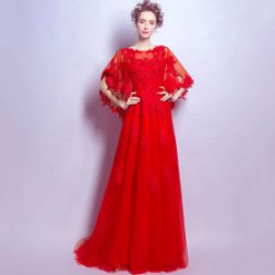New Red Lace Train Evening Dresses