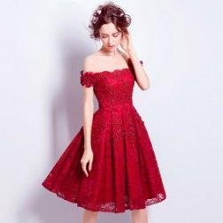 Red Boat Neck Flower Lace Luxury Cocktail Dress