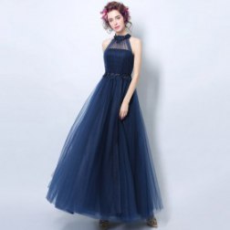 Sexy Halter Appliques Beading Sleeveless Long Evening Dress