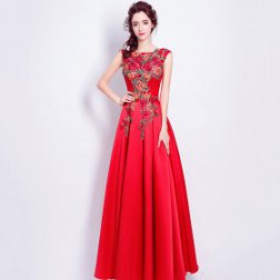 Red Lace Flowers Embroidery Backless Floor-Length Straight Evening Dresses