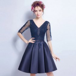 Dark Blue Sexy Lace Perspective Short Design Homecoming Dress