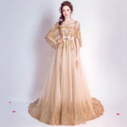 Champagne Lace Handmade Flowers Boat Neck Sweep Train Long Evening Dress