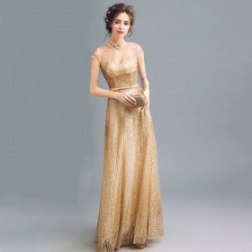 Mock Neck Floor-length Lace Gold Prom Gowns