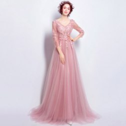 Pink Lace Flowers Evening Dress