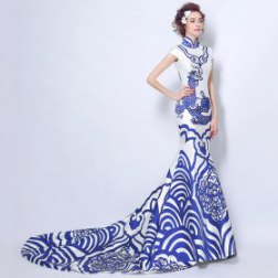 Chinese - Style Blue And White High Neck Mermaid Long Train Evening Dresses