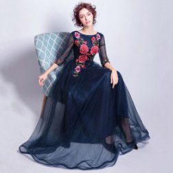New Dark Blue Flower Embroidery Women Evening Dresses