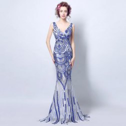 Blue And White Porcelain Sexy Deep V Collar Fishtail Evening Dress