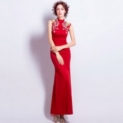 Red High Neck Flower Trumpet Mermaid Evening Dresses