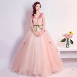 Pink V-neck Floor-length Lace Evening Dress