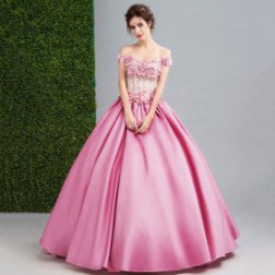 New Luxury Pink Satin Lace Flower Prom Dress