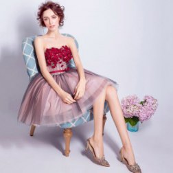 Red Lace Flower Strapless Sleeveless Mini Short Sexy Party Gown