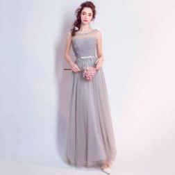Grey Backless Lace Long Beaded Bow Flowers Formal Prom Dress