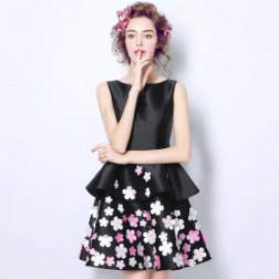 Sexy Satin Short Tank Black Flowers Evening Dress