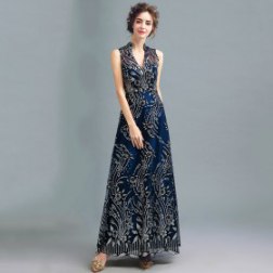 V-neck A-line Lace Dark Blue Evening Gowns