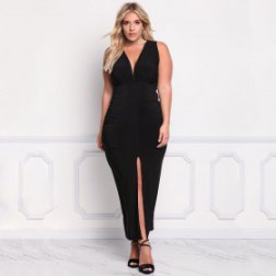 Plus Size Plunge Ruched Slit Maxi Gown