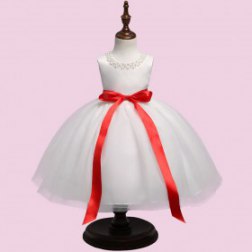 Girls Tutu Satin Belt Bow Formal Prom White Dress for Toddler and Baby Girl