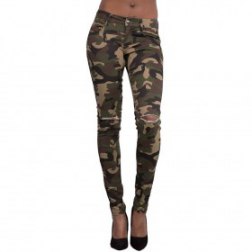 Women's Slim Fit Knee Ripped Hole Camouflage Pencil Pants