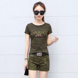 Women's Army Green Striped T-Shirt + Shorts Set