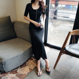 Women's Round Neck Short sleeves Solid Color Slim Long Dress