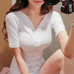 Women's Summer Sexy Solid Color V-neck Button Short Sleeve T-shirt
