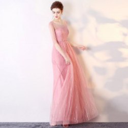 Women's Pink Sexy Half Sleeve Lace Long Evening Dress